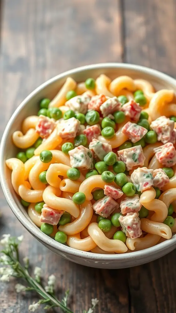 A bowl of macaroni salad with tuna, peas, and red bell pepper on a wooden table.