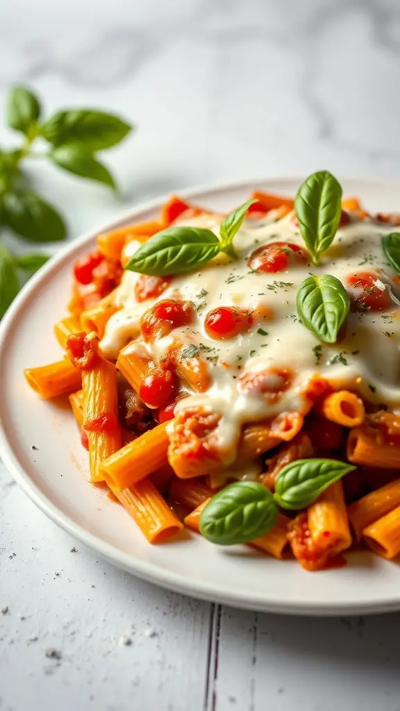 A plate of baked ziti topped with mozzarella cheese and fresh basil.