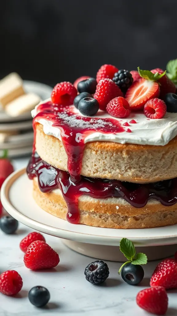 A vanilla bean cake topped with berry compote and fresh berries