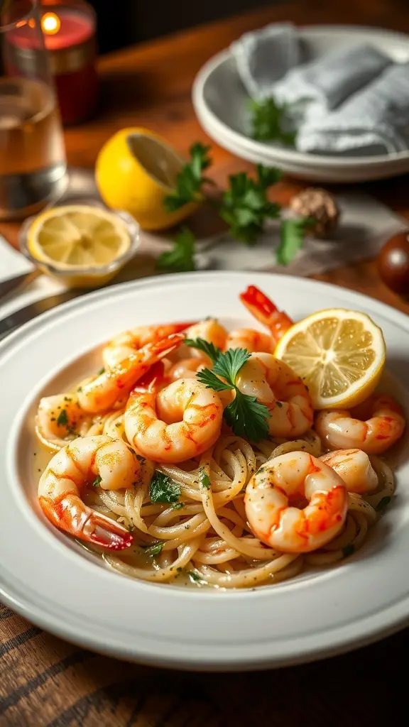 A plate of shrimp scampi with pasta, garnished with lemon and parsley.