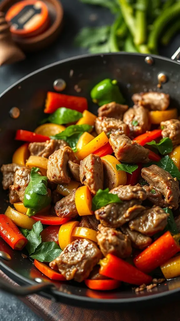 A colorful stir-fry featuring wild turkey and assorted vegetables in a skillet.