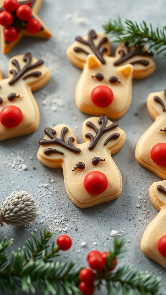 Decorated reindeer cookies with antlers and red noses