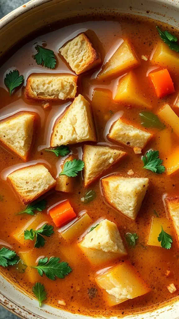 A bowl of panade soup with chunks of bread, vegetables, and herbs.