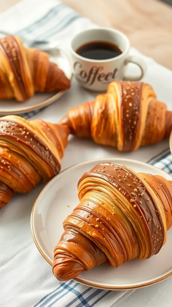 Delicious chocolate croissants on a plate with a cup of coffee