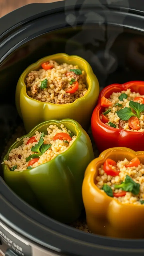 Crockpot stuffed bell peppers filled with quinoa and topped with tomatoes and herbs.