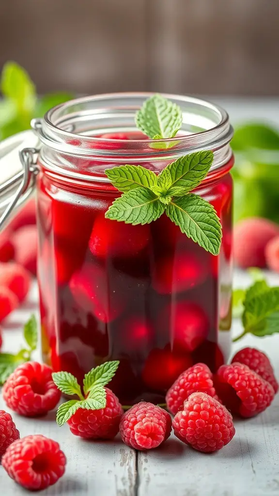 A jar of raspberry mint jam with fresh raspberries and mint leaves