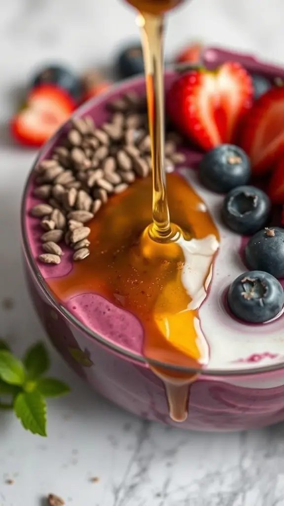 A close-up of an acai bowl with honey being drizzled on top, surrounded by fresh fruits and seeds.
