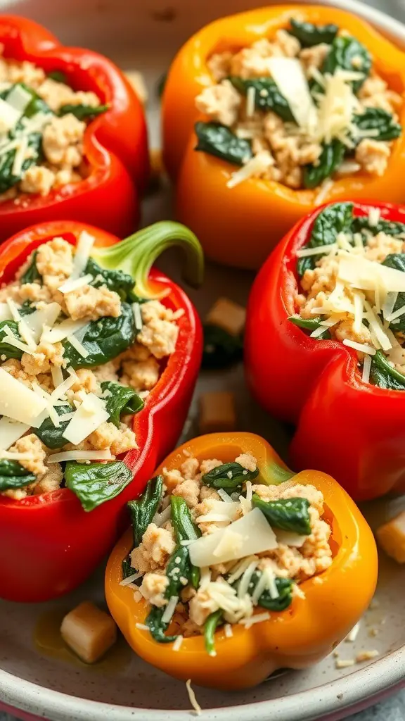 Colorful bell peppers stuffed with turkey and spinach filling.