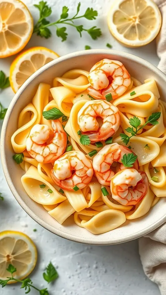 A bowl of Lemon Butter Bow Tie Pasta with Shrimp, garnished with parsley and lemon slices.