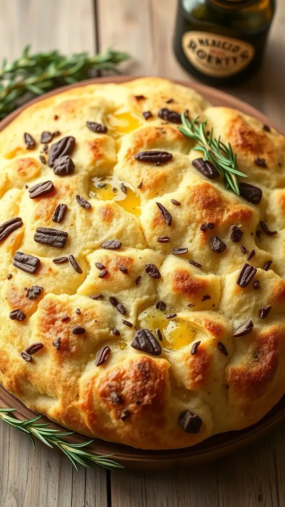 A freshly baked focaccia bread topped with dark chocolate pieces and rosemary, sitting on a wooden surface.