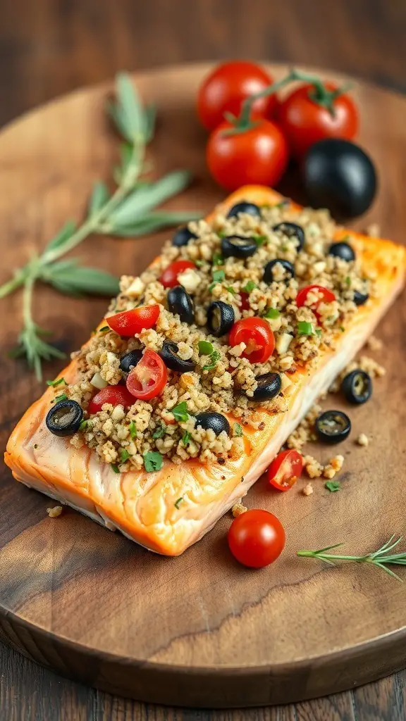 A salmon fillet topped with quinoa, black olives, and cherry tomatoes on a wooden platter.