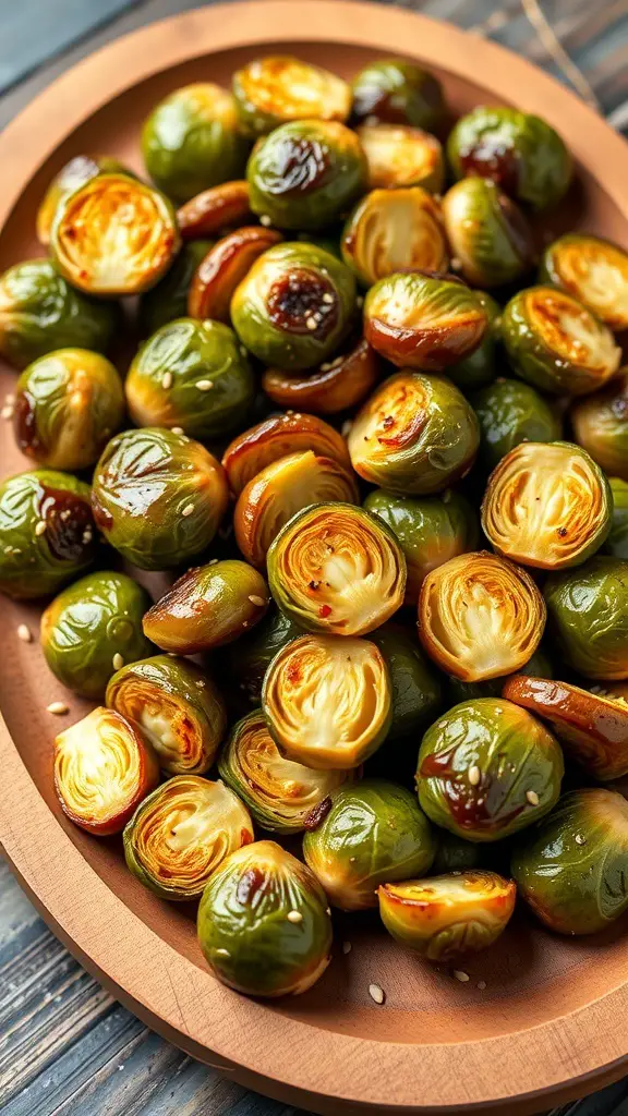A plate of honey glazed Brussels sprouts, shiny and caramelized, ready to be served.