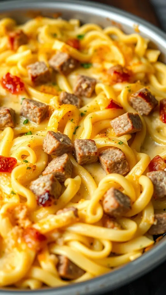 A delicious sausage and egg noodle casserole, featuring egg noodles, sausage pieces, and melted cheese.