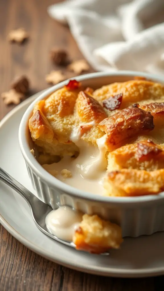 A warm serving of classic bread and butter pudding in a white dish with a spoon beside it.