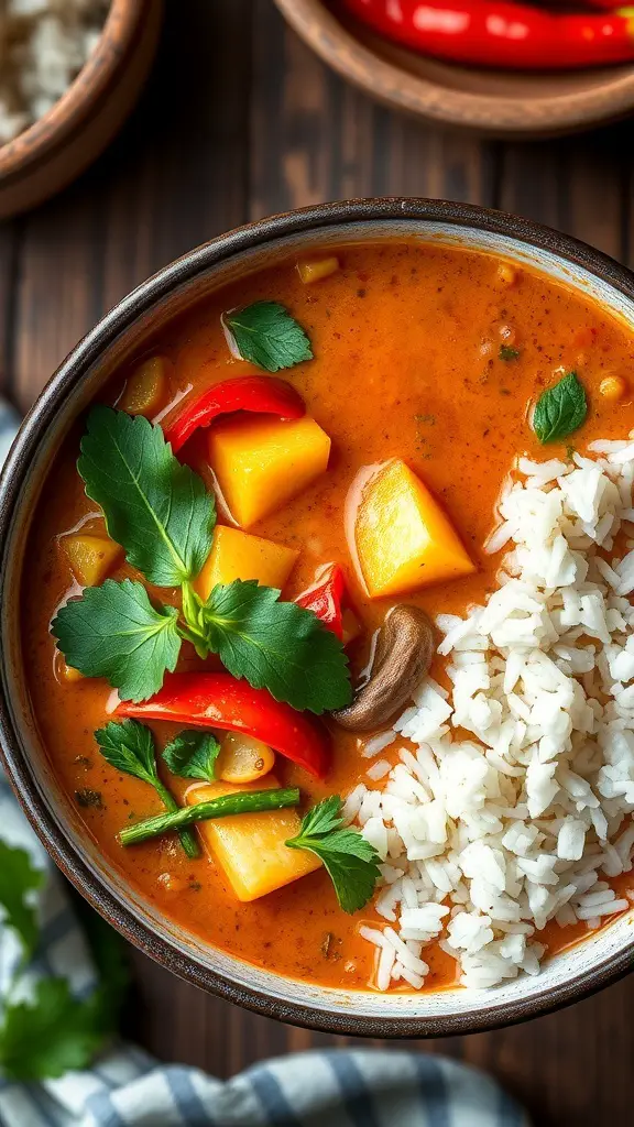 A bowl of Thai Coconut Curry Stew with rice, featuring colorful vegetables and fresh herbs.