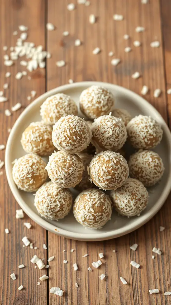 A plate of nut butter energy balls coated in shredded coconut on a wooden table.