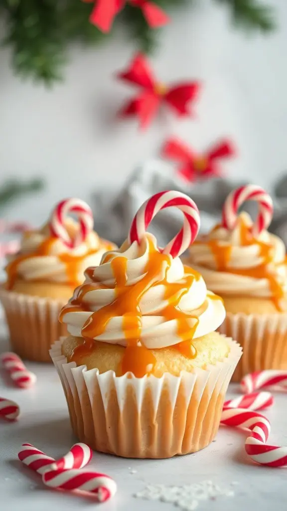 Delicious caramel pudding cupcakes topped with frosting and candy canes