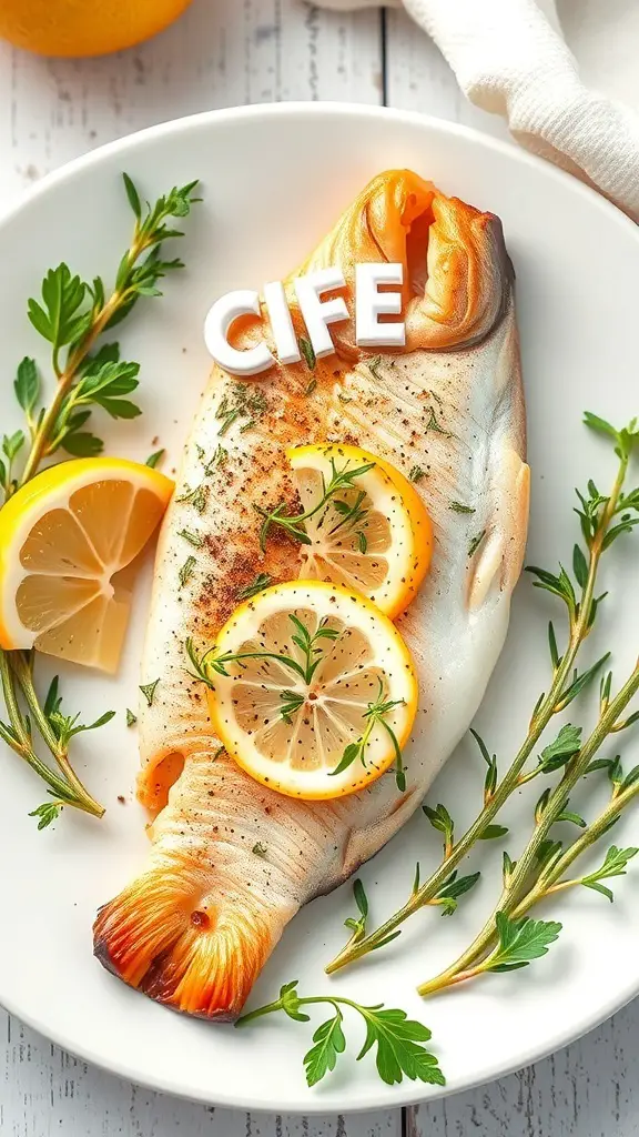 A beautifully baked trout garnished with lemon slices and fresh herbs on a white plate.