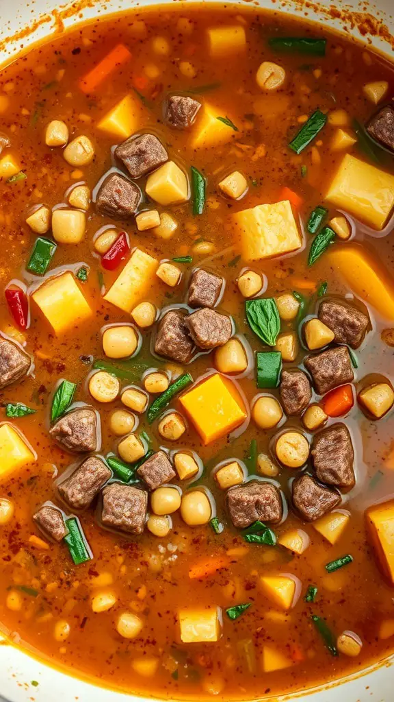 A close-up of hearty beef barley soup with chunks of beef, vegetables, and barley in a rich broth.