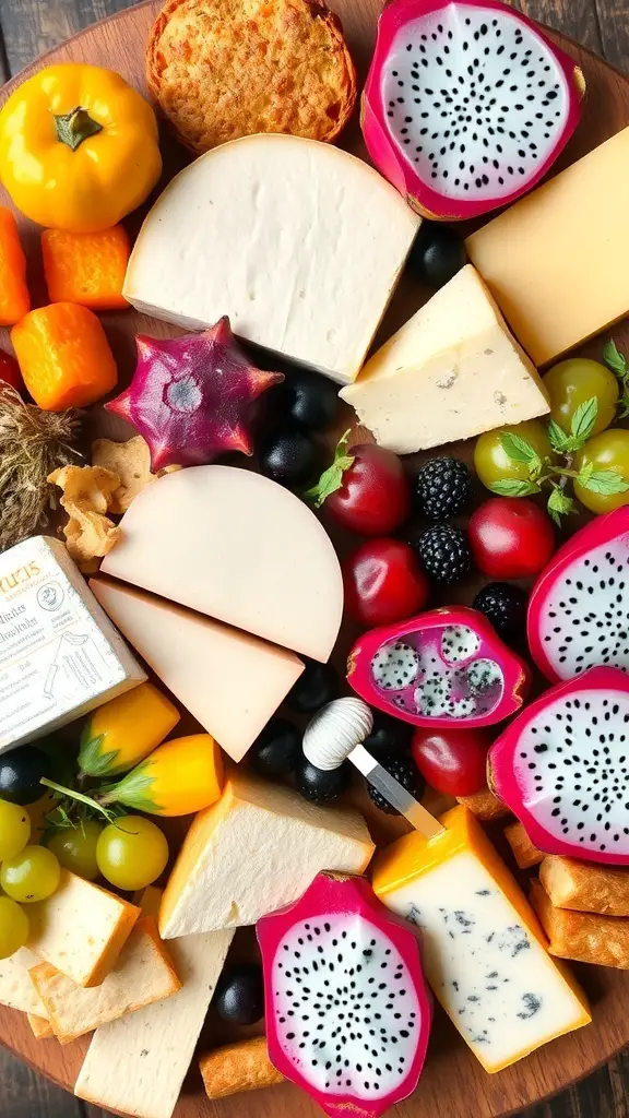 A colorful charcuterie board featuring exotic cheeses and fruits, including dragon fruit, berries, and various cheeses.