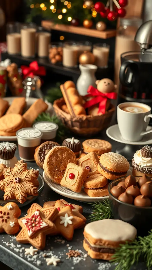 A festive coffee bar with various holiday treats including cookies, chocolates, and pastries.