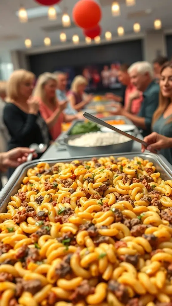 A large tray of hamburger macaroni casserole at a potluck, with people in the background enjoying the meal.