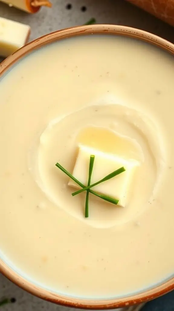 A bowl of creamy potato leek soup topped with butter and chives.