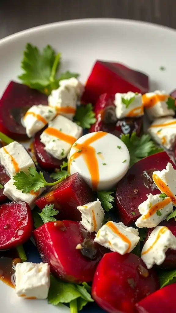 A vibrant roasted beet and goat cheese salad with fresh greens and a drizzle of dressing.