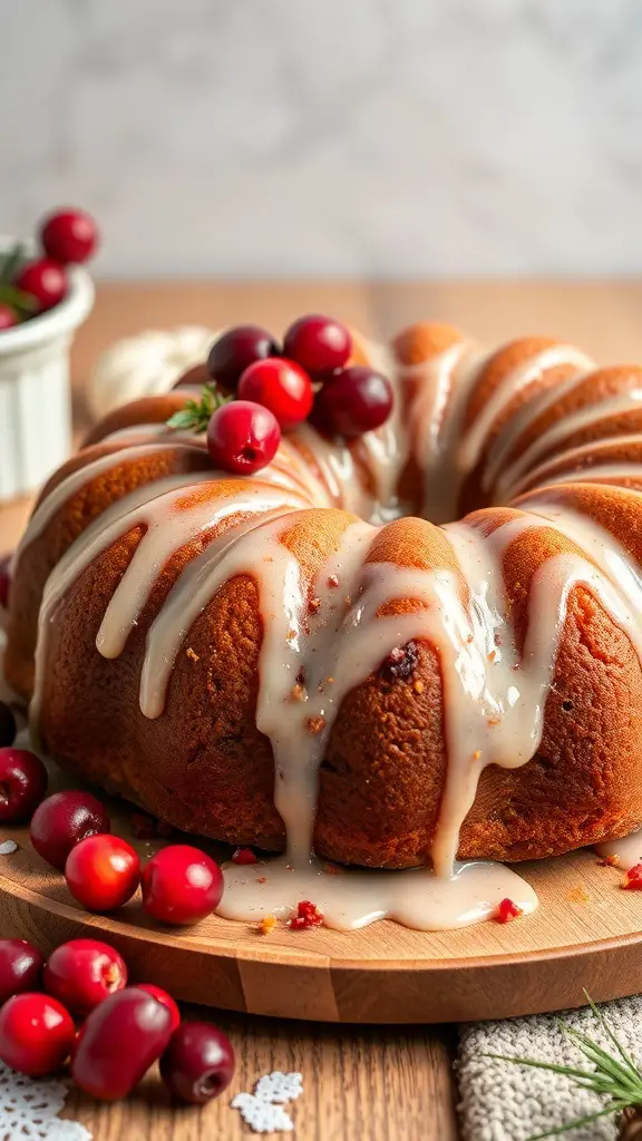 A beautifully glazed cranberry orange cake garnished with fresh cranberries on a wooden platter.