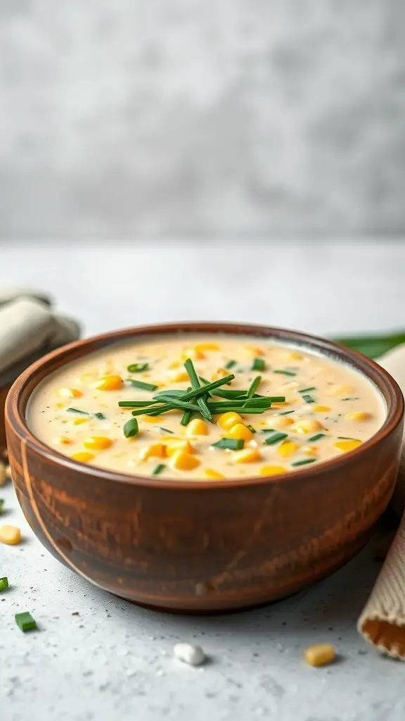 A bowl of creamy Zucchini and Corn Chowder topped with fresh chives.