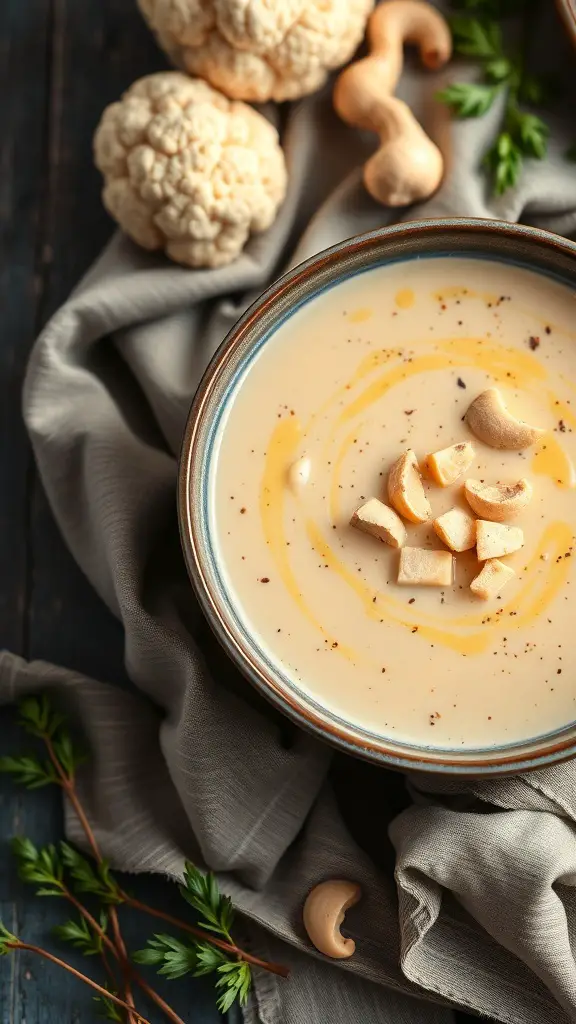 A bowl of creamy vegan cauliflower and cashew soup, garnished with cashews and drizzled with oil, surrounded by fresh cauliflower and cashews.