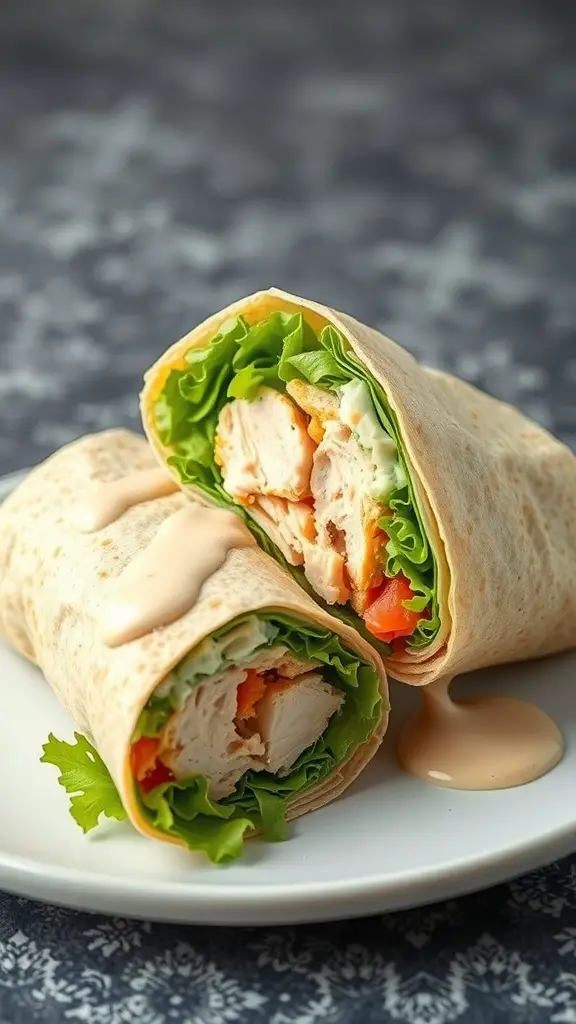 A close-up of a Chicken Caesar Salad Wrap, showcasing fresh lettuce, chicken, and tomatoes wrapped in a tortilla with Caesar dressing.