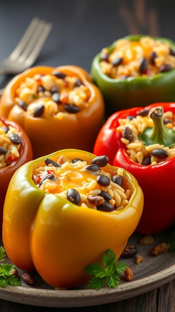 Colorful stuffed bell peppers filled with rice, beans, and cheese on a plate.