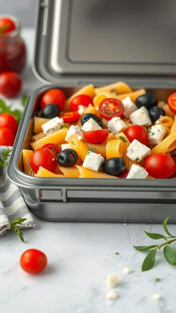 A colorful Mediterranean pasta salad with cherry tomatoes, black olives, and feta cheese in a lunch container.