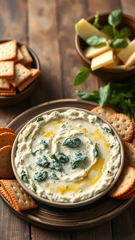 A bowl of spinach and artichoke dip surrounded by crackers on a wooden table.