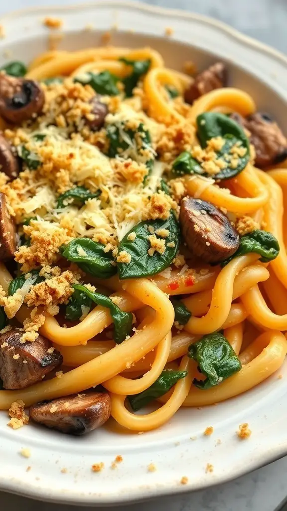 A plate of Mushroom and Spinach Rigatoni Bake topped with breadcrumbs and cheese.