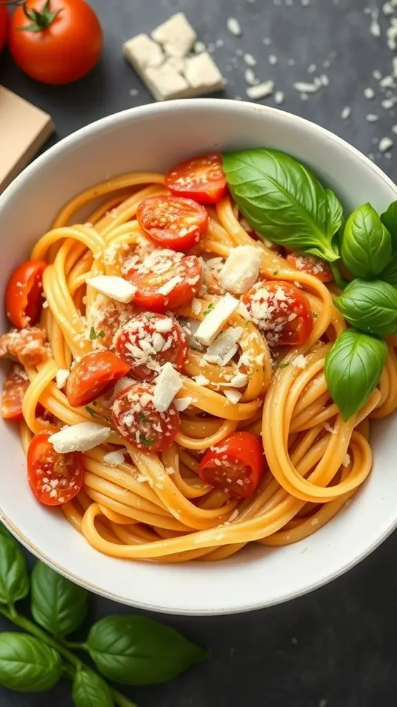 A bowl of creamy tomato basil rigatoni with fresh tomatoes and basil leaves