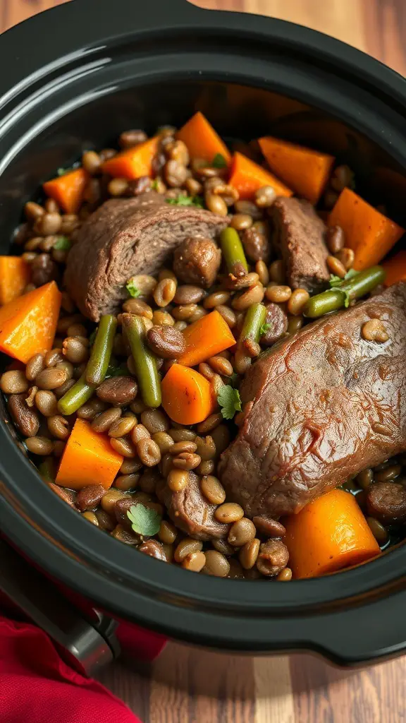 A close-up view of a vegetarian lentil and root vegetable pot roast in a crock pot, featuring colorful vegetables and lentils.