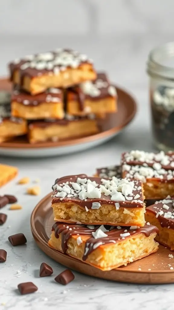 Delicious Ritz Cracker Almond Joy Bars topped with chocolate and coconut, served on a plate.