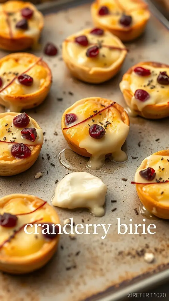 A tray of cranberry brie bites with melted cheese and cranberries on top.