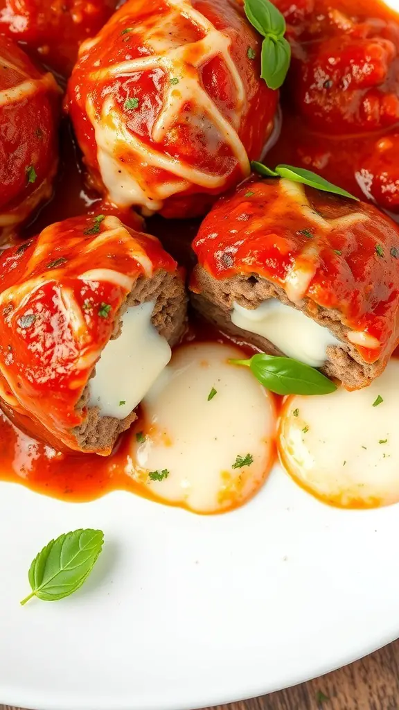 Delicious stuffed meatballs with mozzarella cheese and tomato sauce on a plate