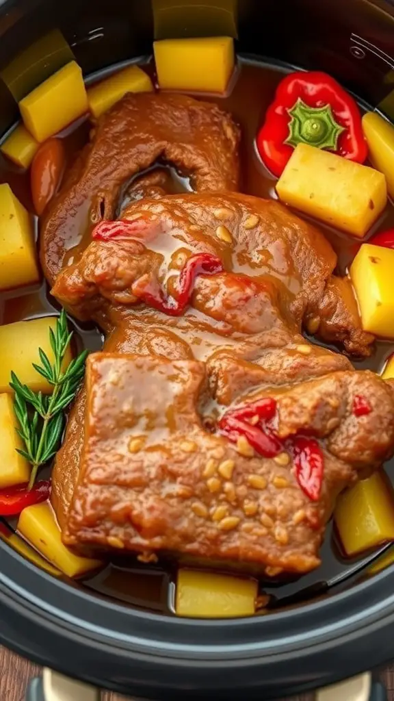 A delicious Sweet and Sour Pineapple Pot Roast with beef, pineapple chunks, and bell peppers in a crock pot.