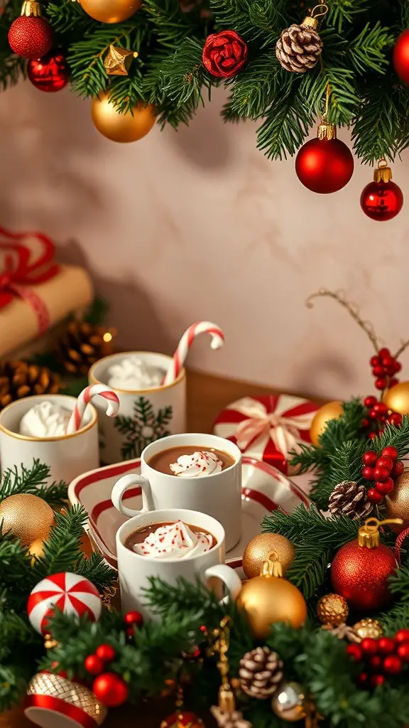 A festive hot chocolate bar with mugs of hot chocolate, whipped cream, and holiday decorations.