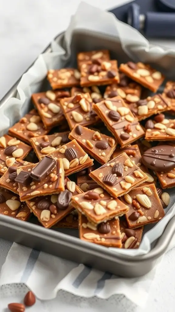 A tray of saltine cracker toffee treats topped with chocolate and nuts.