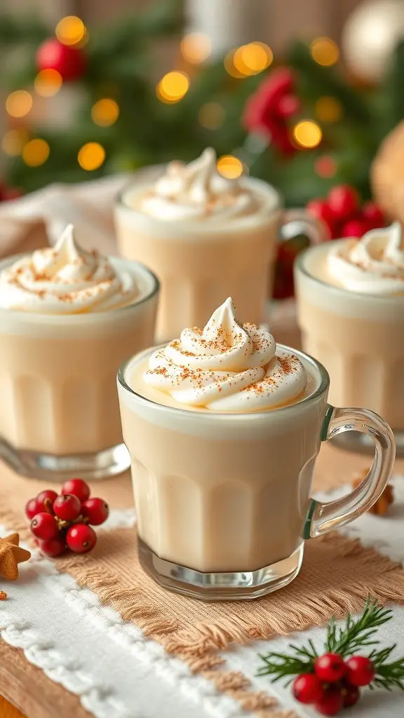 Four eggnog pudding cups topped with whipped cream and nutmeg, surrounded by holiday decorations.