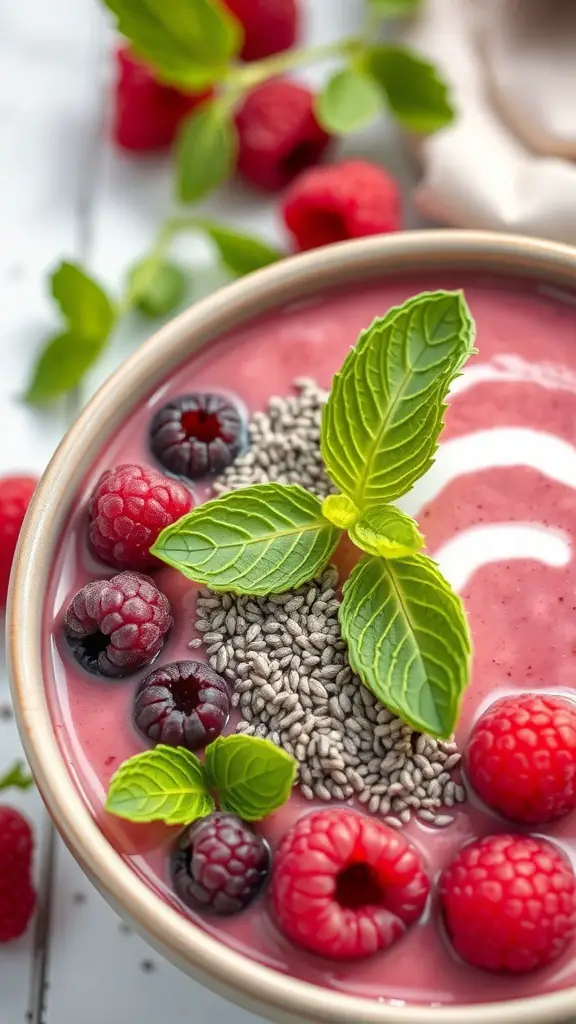 A raspberry chia seed bowl topped with fresh raspberries and mint leaves.