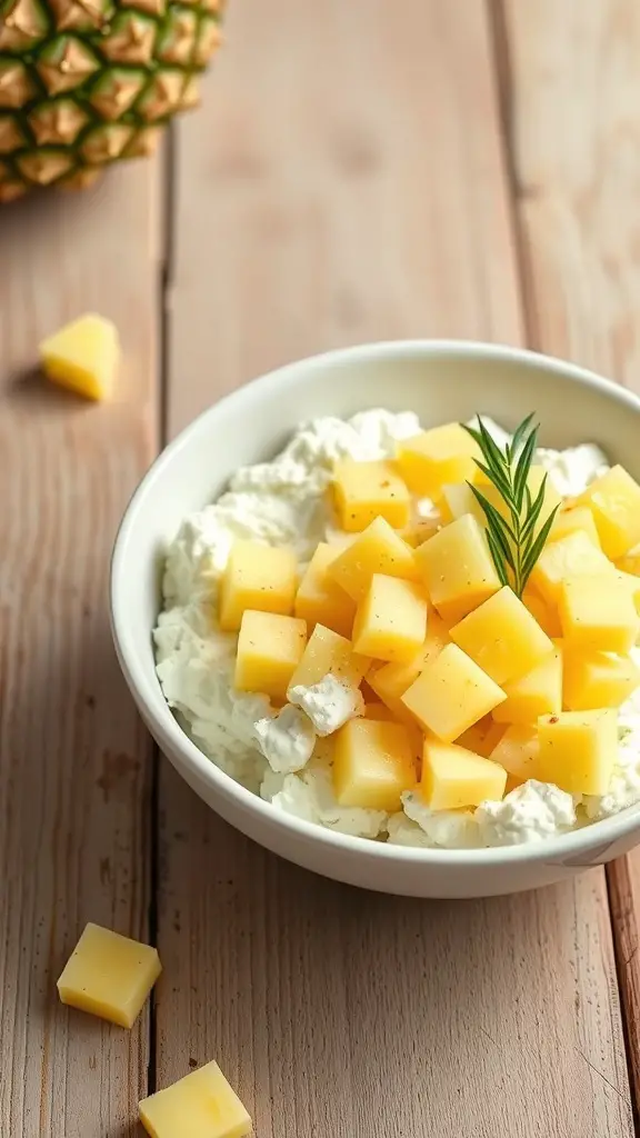 A bowl of cottage cheese topped with pineapple chunks, with a pineapple in the background.