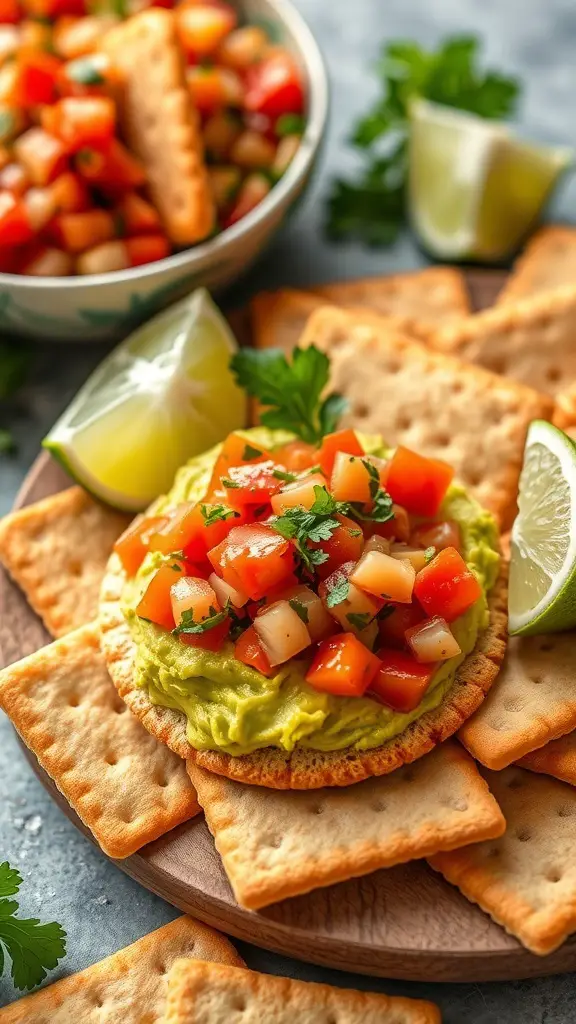 Triscuit topped with avocado and salsa, surrounded by lime wedges and fresh cilantro.