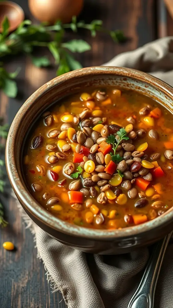 A bowl of turkey and lentil soup with colorful vegetables and lentils, garnished with parsley, on a rustic wooden table.