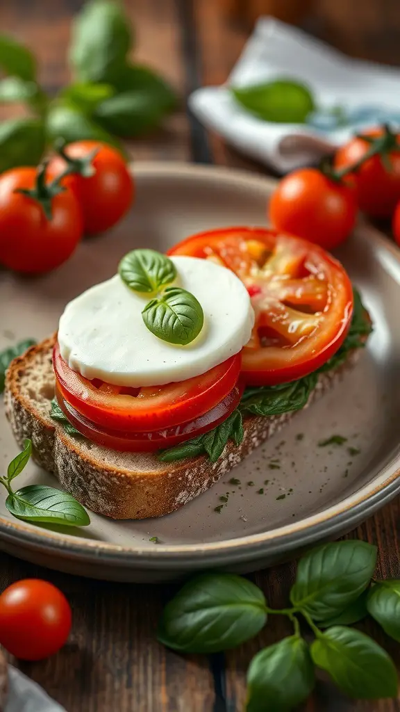 A Caprese sandwich with fresh tomatoes, mozzarella, and basil on a plate, surrounded by cherry tomatoes and basil leaves.